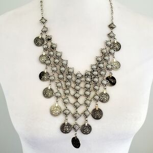 Turkish Ottoman Style Silver Coin Bib Statement Necklace Tuhgra Butterfly Coins